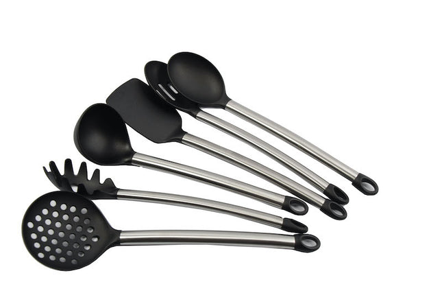 Essentiële Keukengerei Set | 7-delig | Zwart | Schuimspaan, Lepels, Spatel - Kunststof | Rvs, 650g